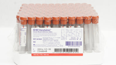 BD 367820 Vacutainer Serum Blood Collection Tubes 10.0mL 16 x 100mm - Box of 100